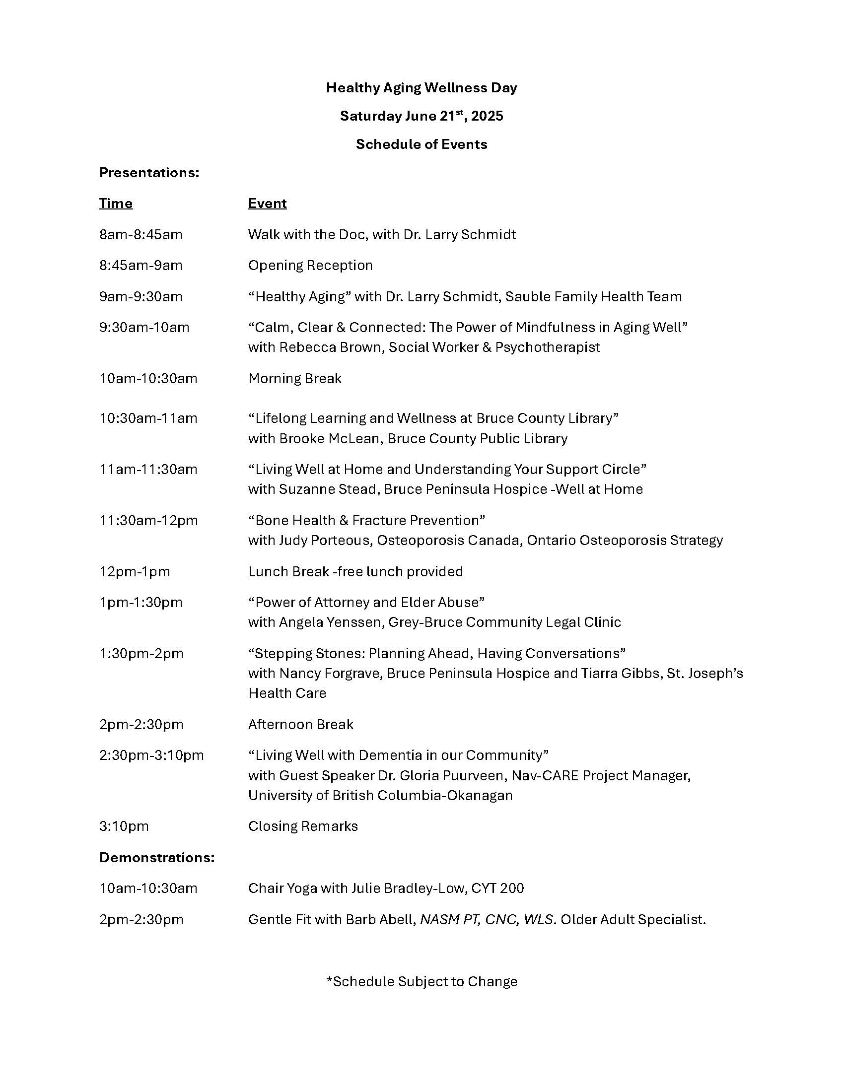 Agenda: Healthy Aging Wellness Day